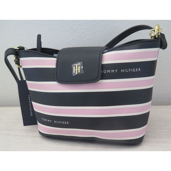 Tommy Hilfiger 69J5583 001 Pink/Black Striped PU Leather Crossbody Bag $108 - Picture 11 of 11
